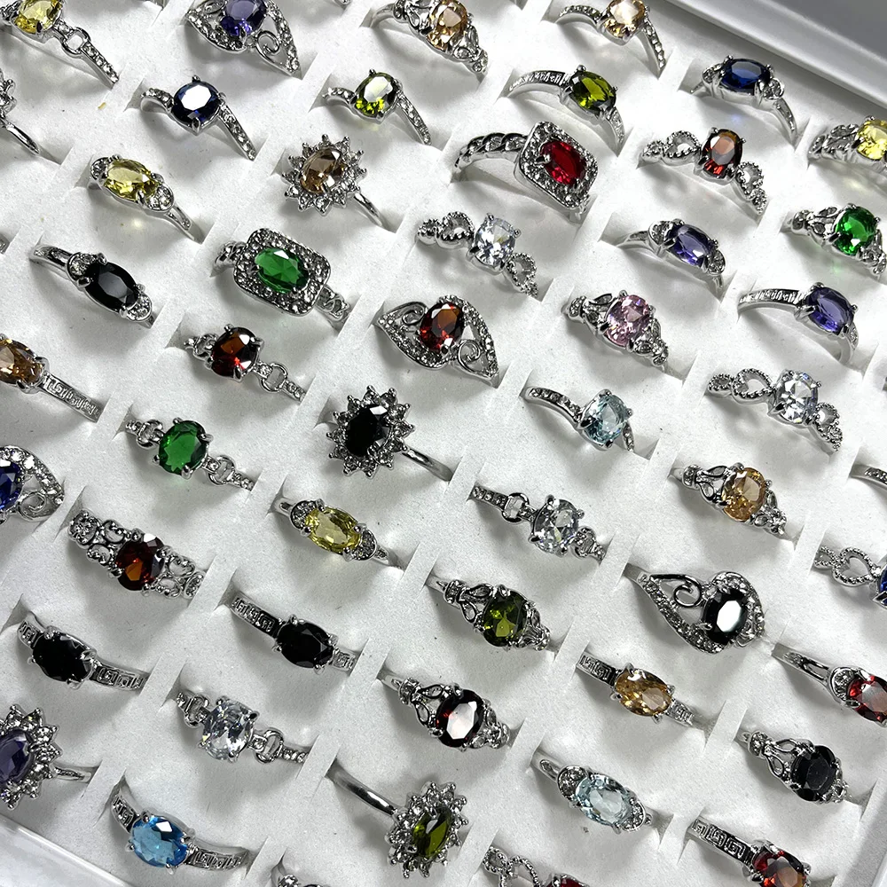 50Pcs Fashion Multicolor Zircon Crystal Silver Plated Ring For Feminine Women Jewelry Bulks Rings Lots LR4216