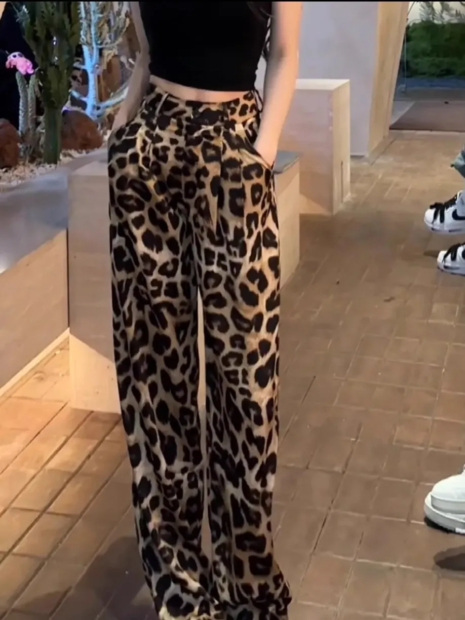 

High Waist Straight Leg Thin Satin Leopard Print Pants Women Summer Slimming Drapey Long Trousers Fashionable Business Wear