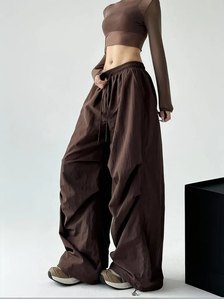 Y2k Hiking Straight Wide Pants Men Streetwear Cargo Paratrooper Pants Casual Brown Quick Dry Pocket Summer Travel Sport Trousers