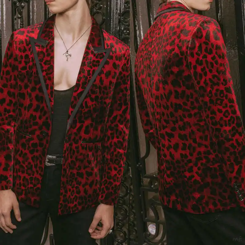 ليوبارد طباعة الرجال الدعاوى سليم صالح 2 قطعة سترة السراويل بلغت ذروتها التلبيب زر واحد مناسبة خاصة مخصص trajes الفقرة hombre