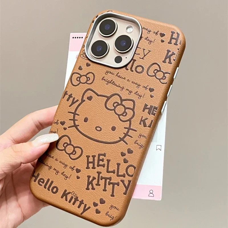 Capa de couro bonito dos desenhos animados, Sanrio, Olá Kitty Bow Brown, à prova de choque, Capa dura, Sanrio, iPhone 16, 15, 14, 13, 12, 11, Pro, Max