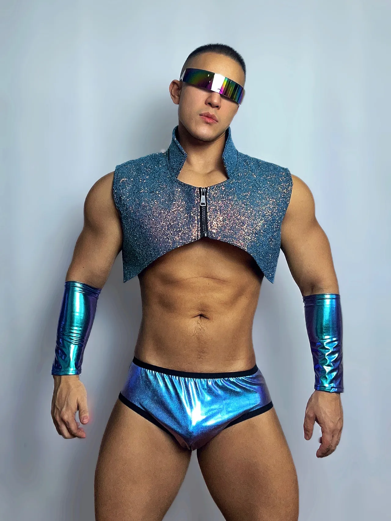 Ropa de escenario Sexy para hombre, Chaleco Corto brillante, traje de baile de rendimiento, Club nocturno, Bar, DJ, carnaval, fiesta, espectáculo, Rave