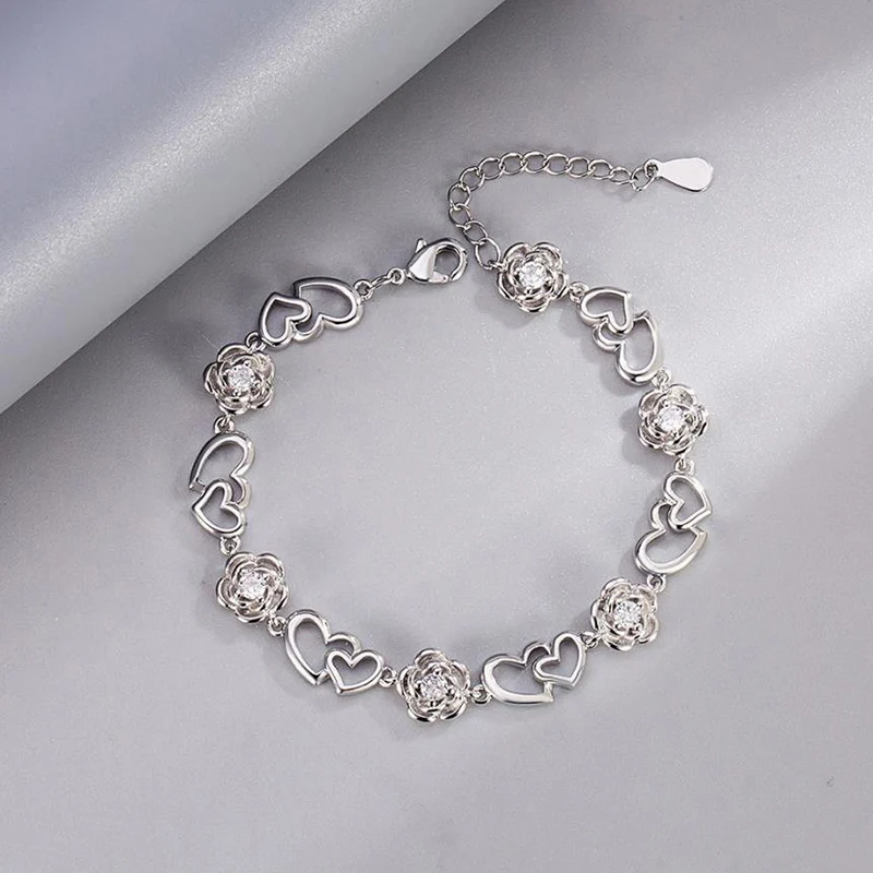 Korean Version Fashion Heart to Heart Matching Zircon Bracelet Exquisite Rose Jewelry Gift for Girlfriend KOFSAC