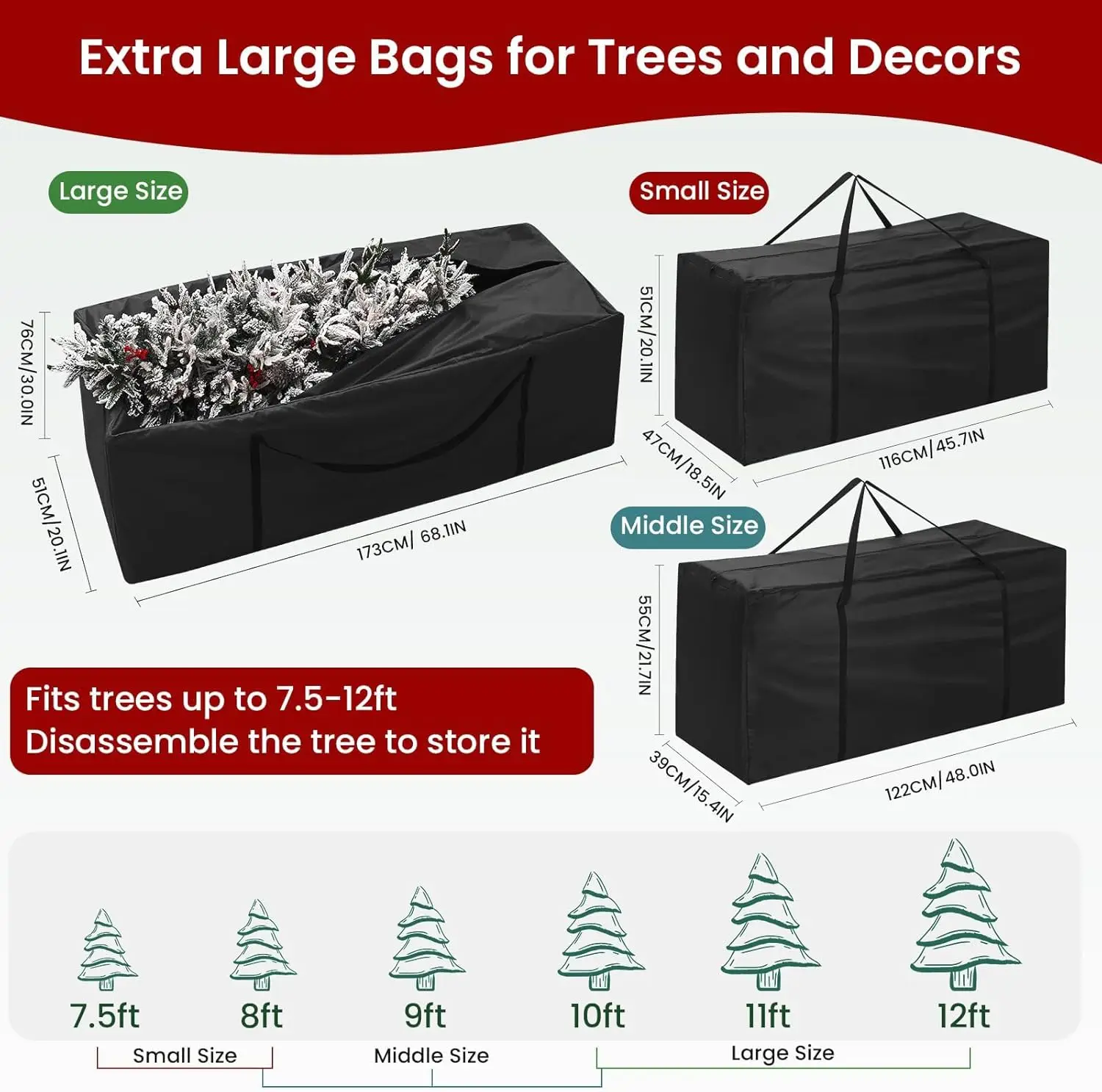 حقيبة تخزين شجرة عيد الميلاد، تناسب أشجار صناعية تصل إلى 12 قدمًا، أكياس تخزين كبيرة جدًا مقاومة للماء مع مقابض وسحابات مزدوجة