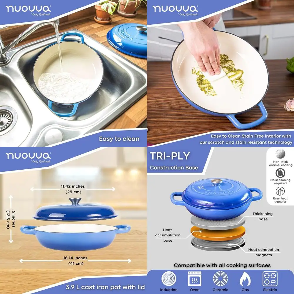 

Enameled Cast Iron Shallow Dutch Oven with Lid, Nonstick, Oven Safe to 500°F, 3.7-Qt, 30cm, Dark Blue