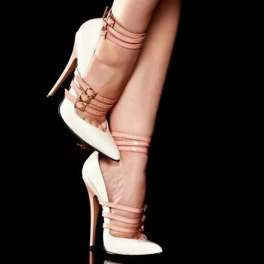 

Women's Patchwork Buckled Leather Pumps Spring Summer Shallow Plus Size Stilettos Pointed Toe Thin High Heels Party Shoes