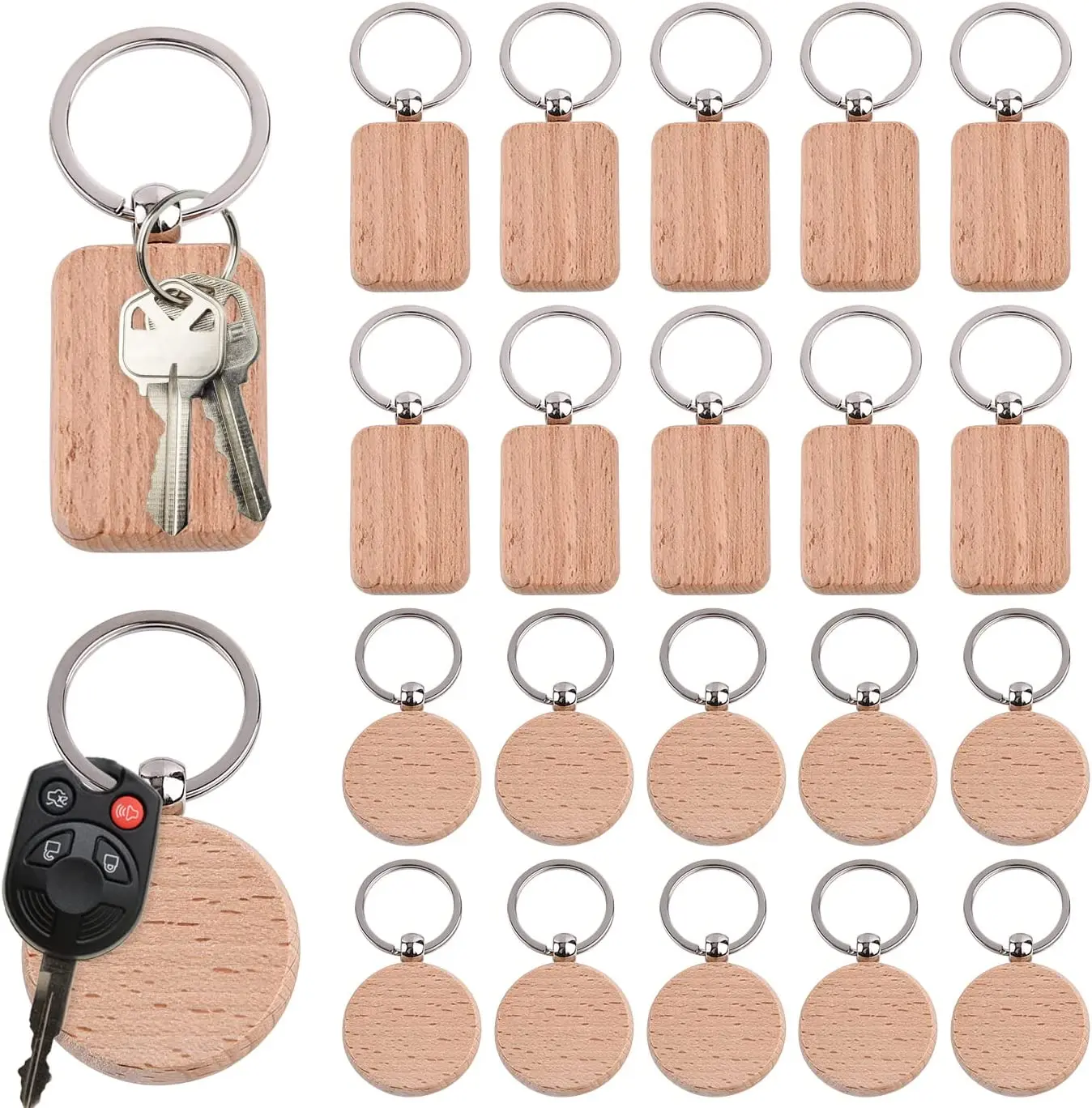 

20pcs Blank Wooden Keychain Can Be Engraved Personalized Key Tags with Ring Unfinished Wood Keychain for DIY Craft Accessories