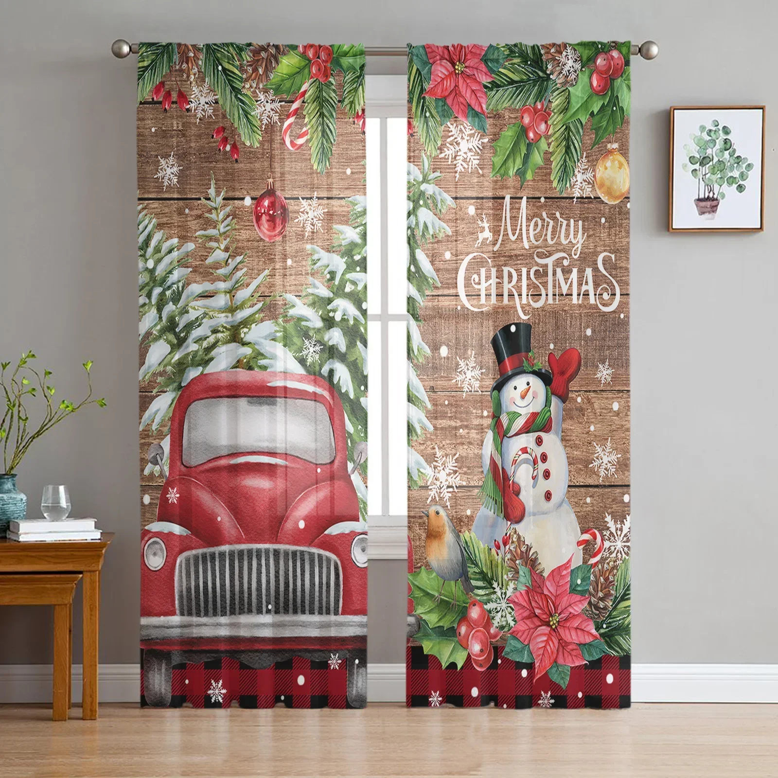 Snowflake Christmas Snowman Redwood Truck Sheer Curtains Home Window Decor Voile Tulle Curtains For Living Room Bedroom Kitchen