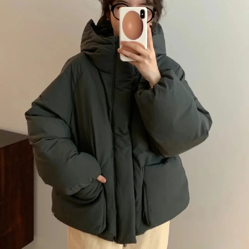 Winter New Casual Down Jacket Women White Duck Down Thickened Warm Hooded Puffer Jacket Large Pockets Loose Casual Short Coat