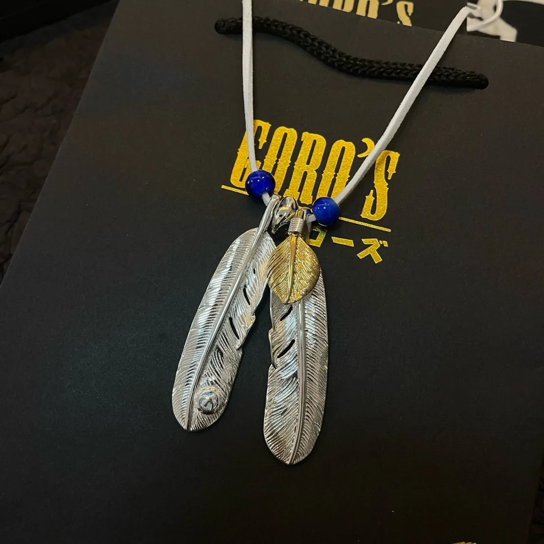 

Japan Tide Takahashi Goros Classic Vintage Silver Feather Pendant Deerskin Rope Glass Necklace Couple Versatile Hip-hop Style