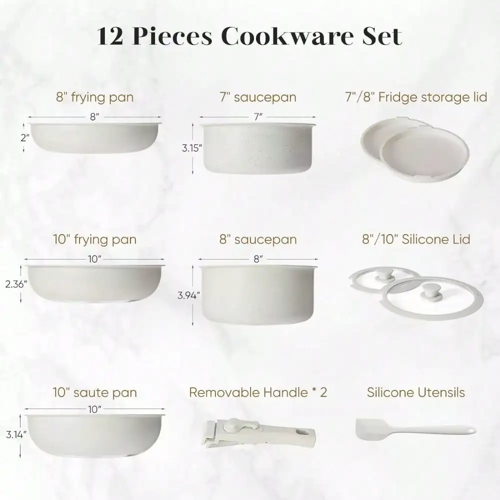 Set of 12 Pots and Pans with Detachable Handle Nonstick Kitchen Cookware Set