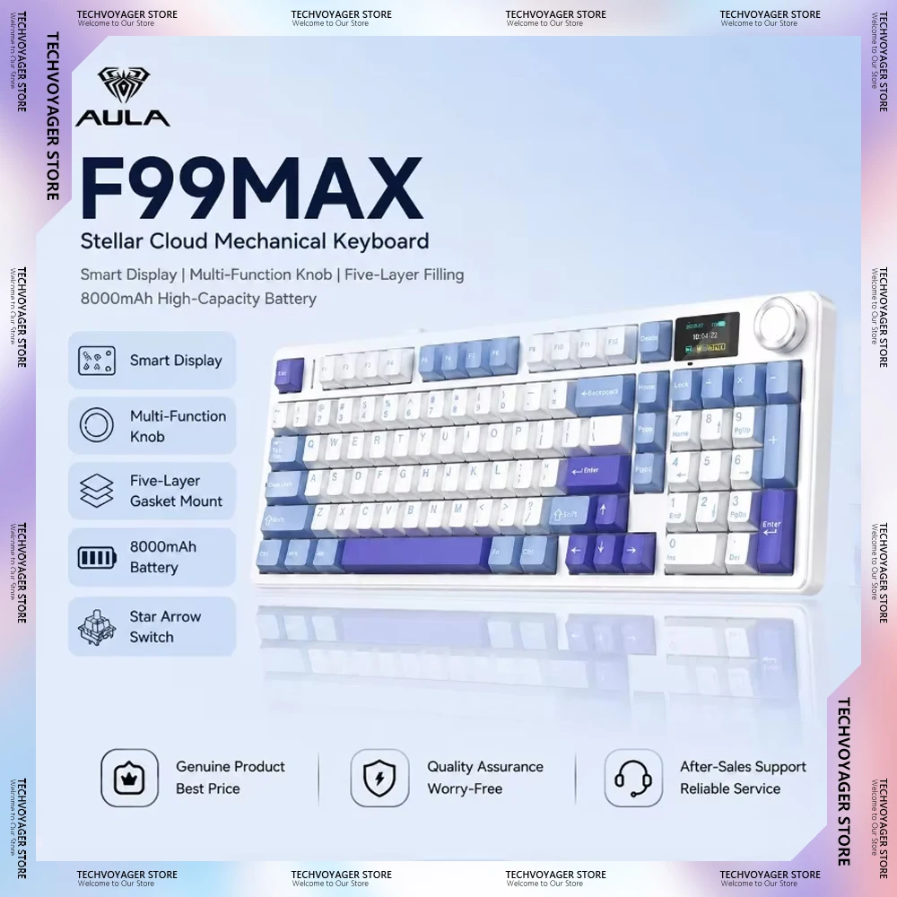 AULA F99MAX Wireless Mechanical Keyboard with Smart Display Knob RGB Hot-Swappable 8000mAh Battery for Gaming Desktop PC Laptop