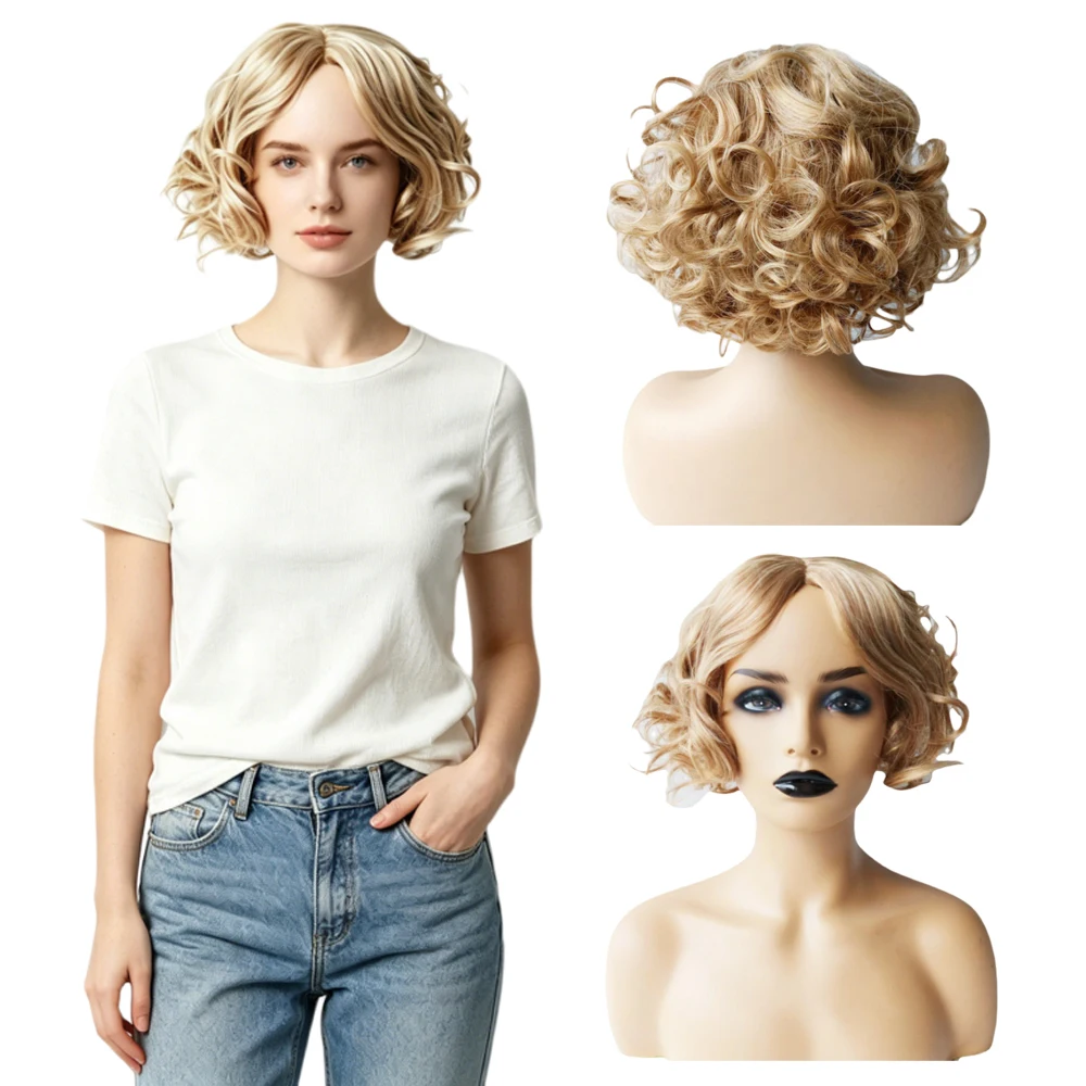 Short Curly Blonde Wig for White Women Natural Wave Synthetic Hair Middle Part Daily Wear Heat Resistant Fiber Vintage Bob Style
