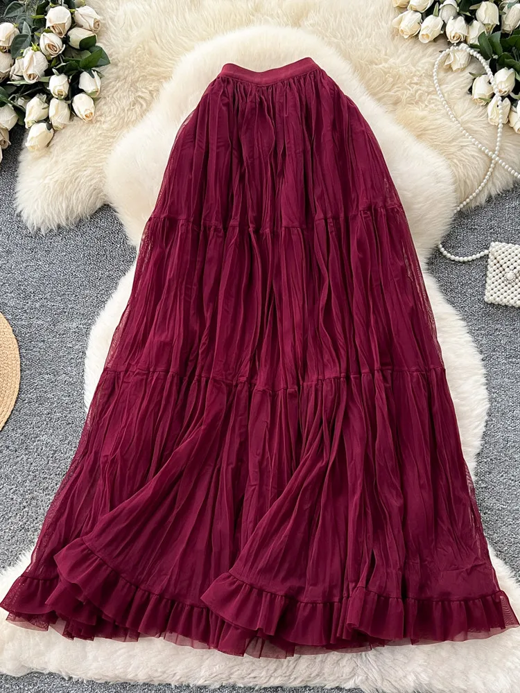 Fairy mesh half skirt spring new gentle wind temperament sweet ruffle edge fluffy skirt French style solid medium long skirt