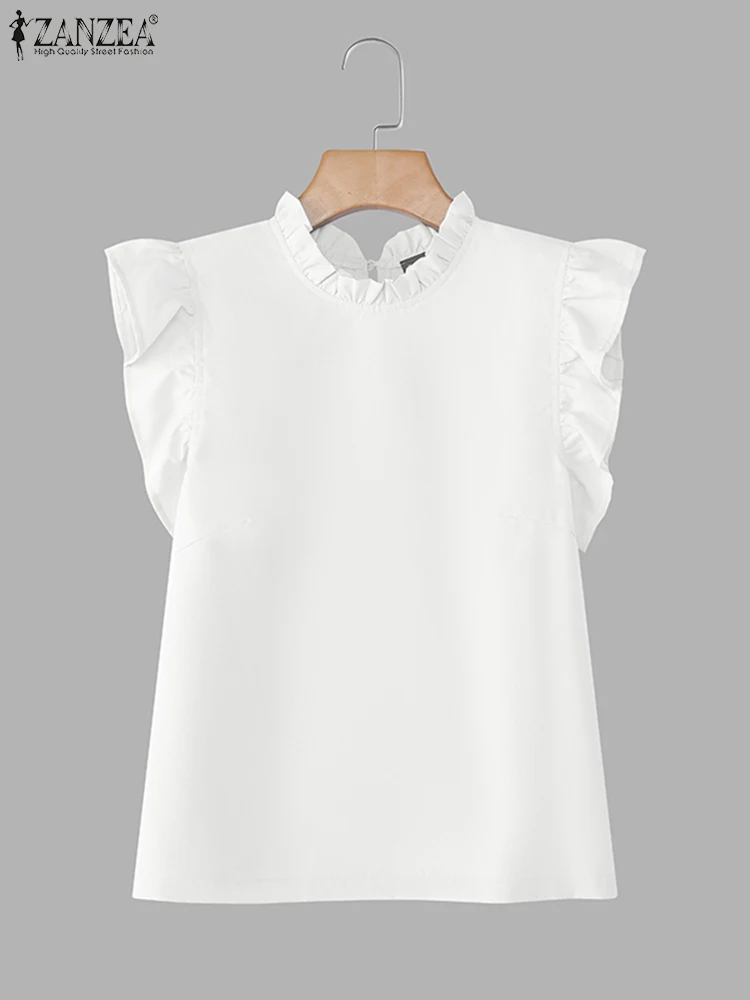 2025 zanzea feminino babados regata verão sem mangas camisetas elegantes elegantes topos casuais soltos cor sólida camis o-pescoço topo coreano