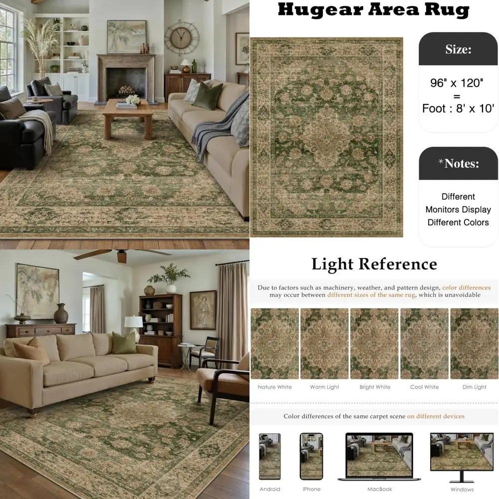 

Vintage Floral 8x10 Area Rug, Machine Washable, Low Pile, Distressed Style, Suitable for Living Room, Bedroom, Office
