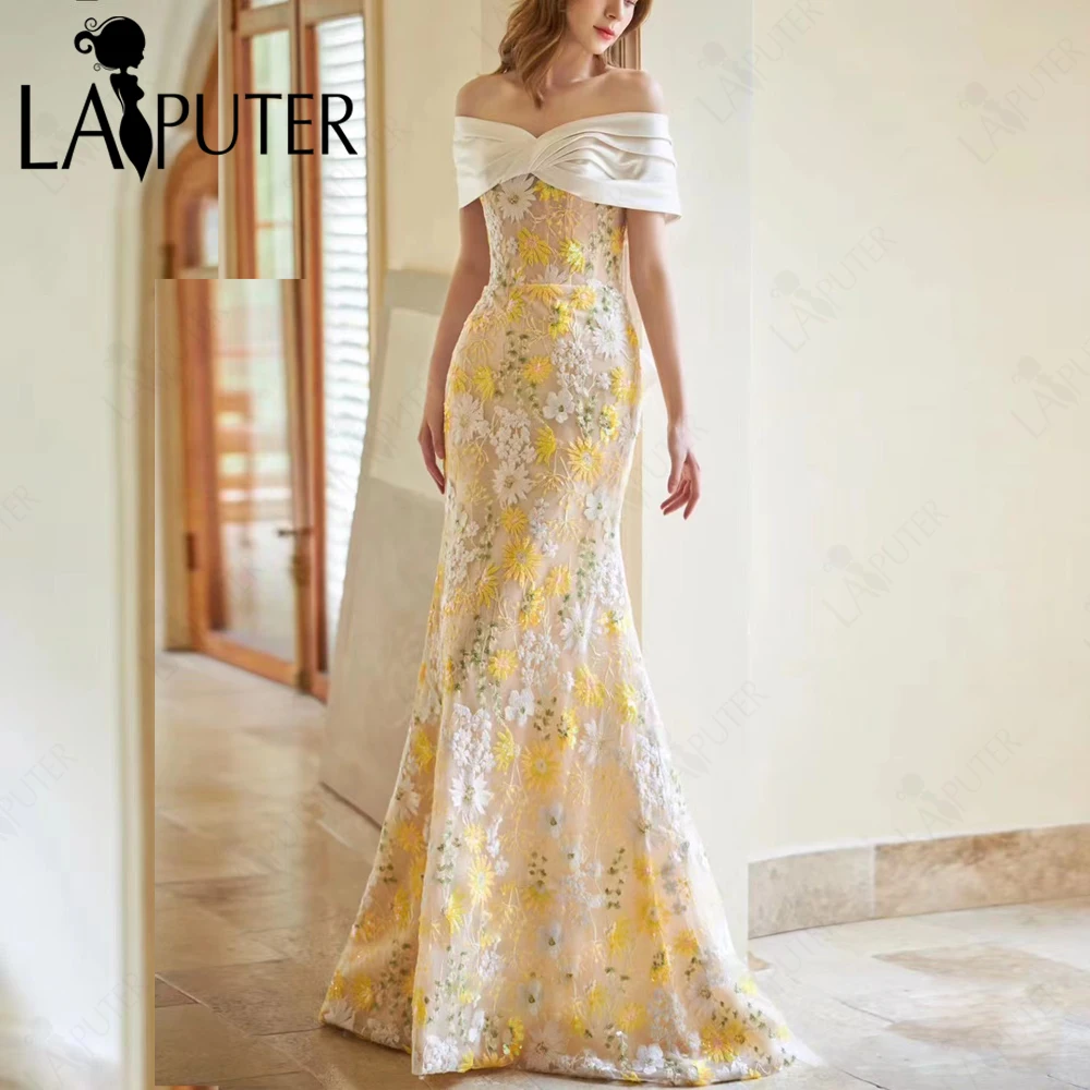 Off Shoulder Floral Yellow Mermaid Evening Dresses Ruched White Wraps Neck Party Dress Yellow Flowers Pattern Lace Prom Gown