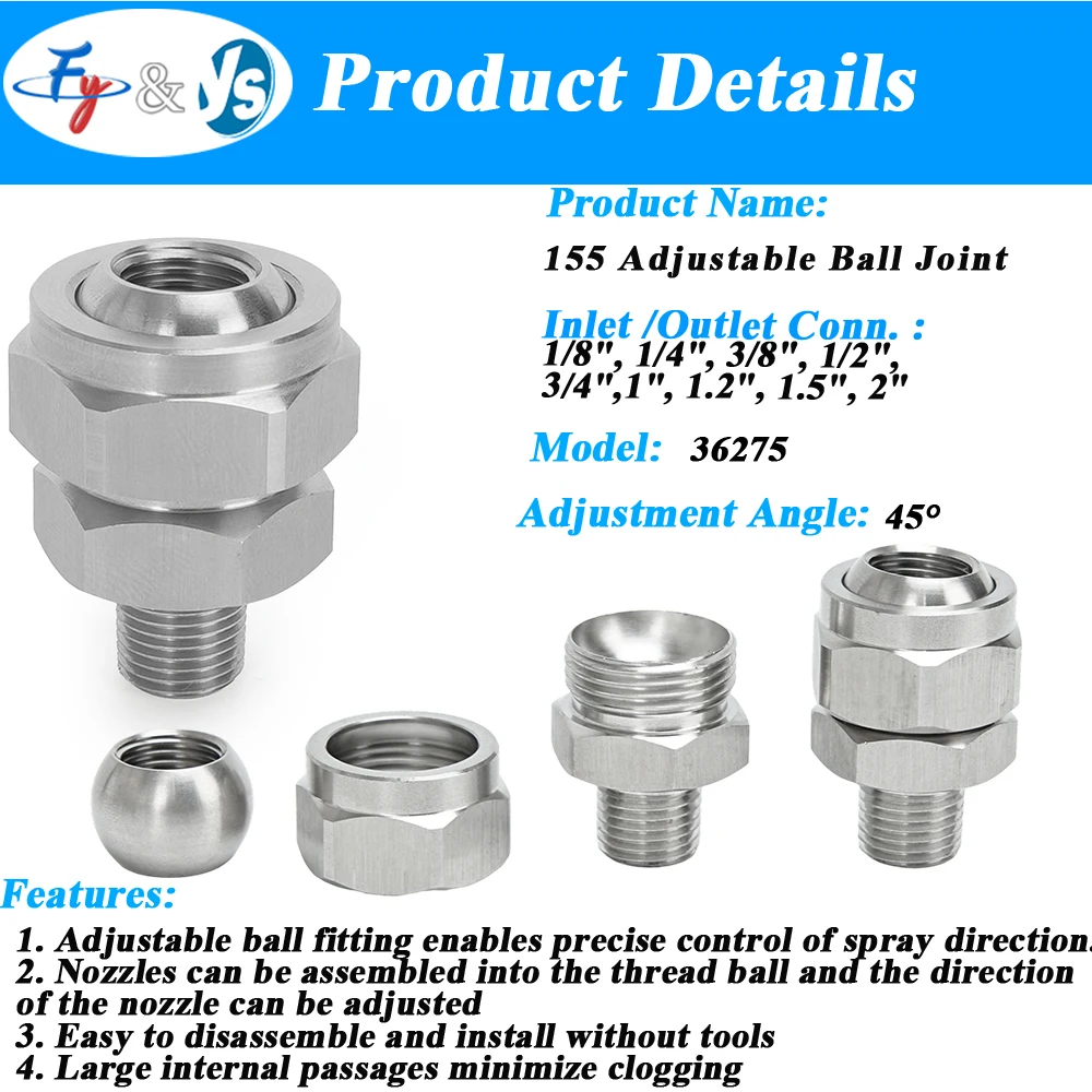 304 Stainless Steel Adjustable Fan Nozzle, 155° Ball Joint Universal Adapter with 1/4
