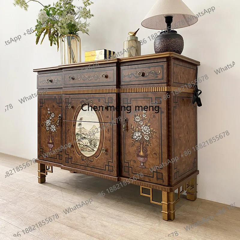 

New Chinese-style painted entrance, living room decoration, storage cabinet, American retro solid wood hand-painted