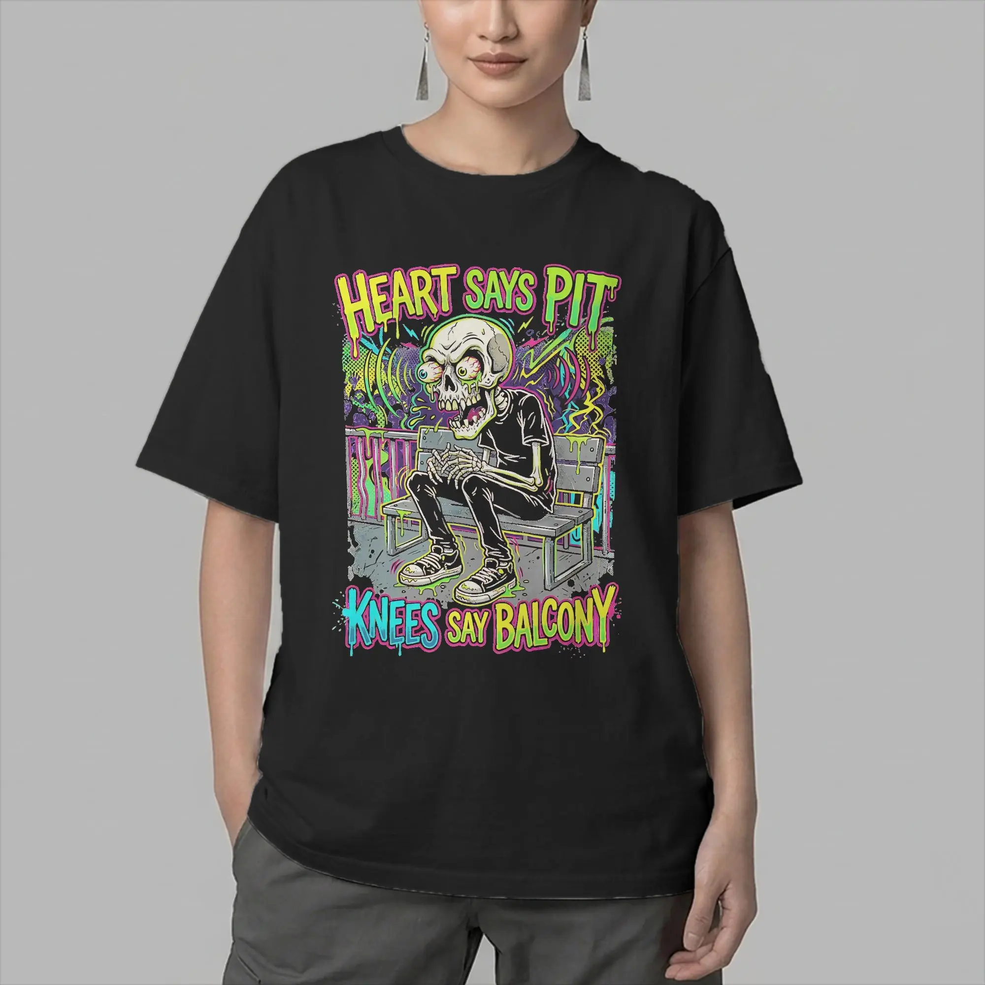 Casual Heart Says Pit Knees Say Balcony Skeleton T-Shirt 100%Cotton Short Sleeve Punk Rock Concert  Round Neck Summer Tops