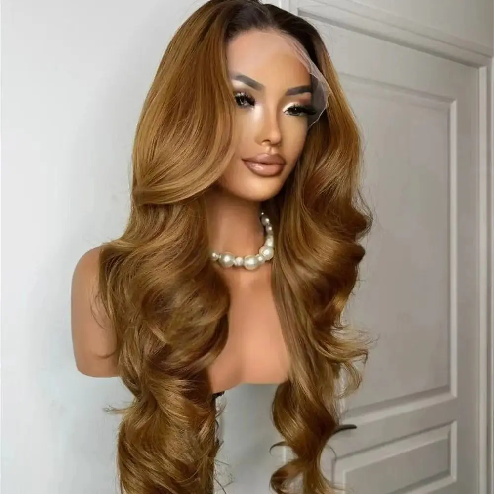 Caramel Honey Brown Synthetic Lace Top Wigs Body Wave 13*4 High Definition Wig Female 180% Density Premium Fibre Wigs Daily Wear