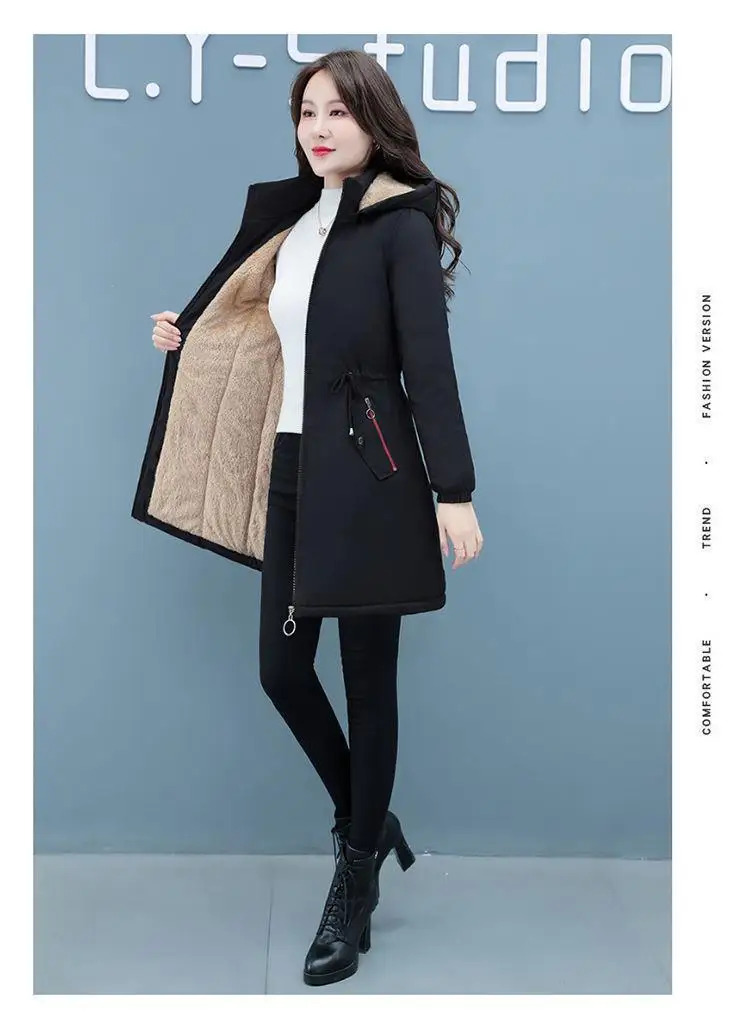 New Womens Padded Jacket Long Hooded Parker Overcoat Plus Velvet Thicke Winter Warm Coat Female Korean Casual Cotton Clothes 4XL