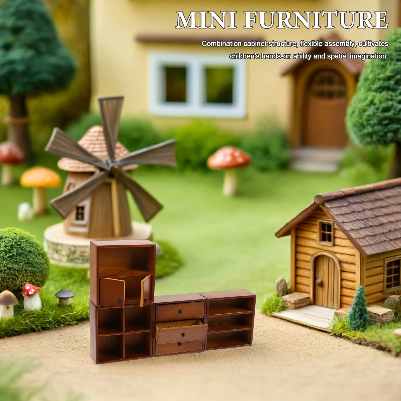 

4Pcs Mini Bookshelf Cabinet Set for Dollhouse Walnut-Colored Wooden Display Shelf Easy Assembly Tiny Storage Models Kids Pretend