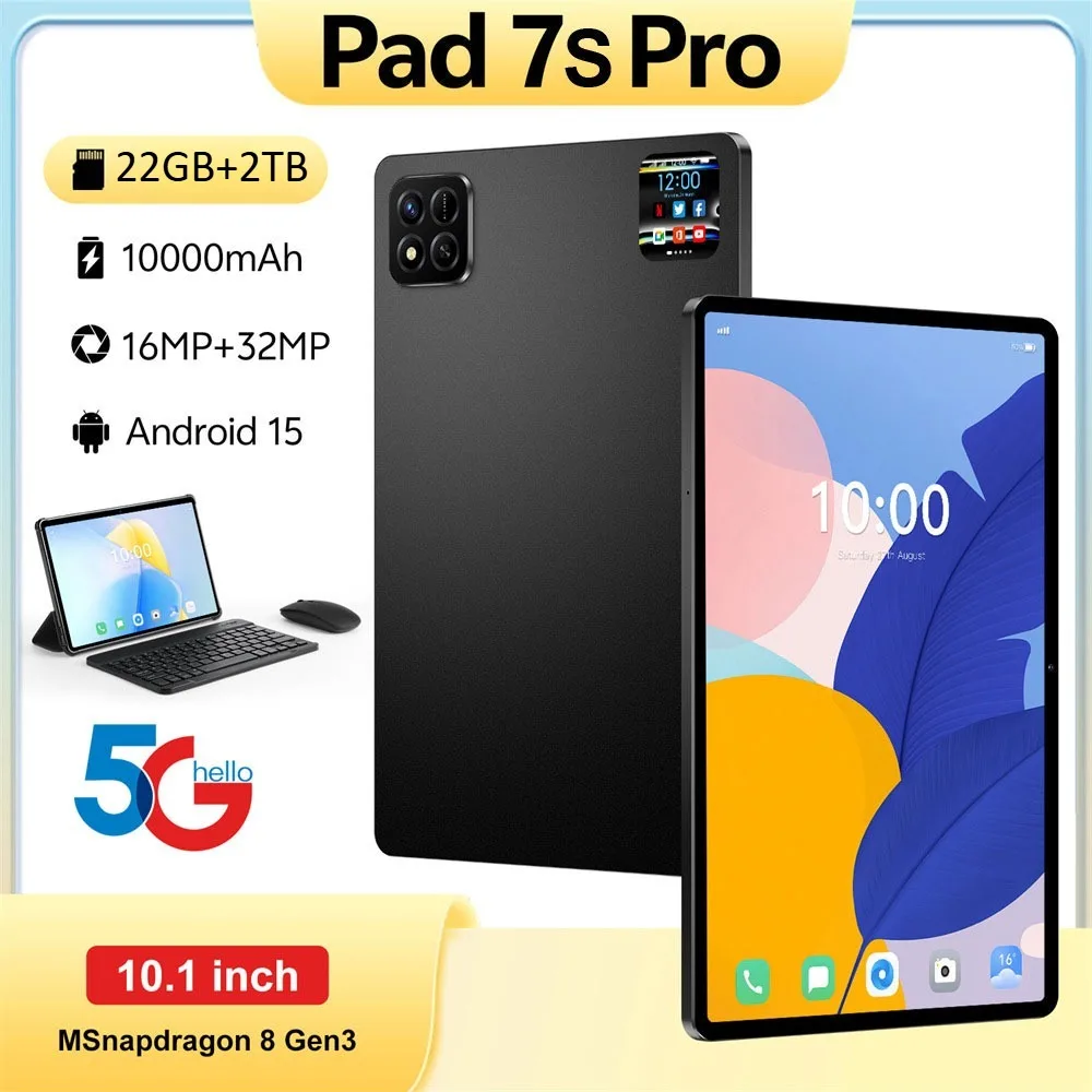

Pad 7s Pro Оригинальные планшеты 10,1 дюйма Android 15 Планшет 5G Dual Sim 10000 мАч WIFI Tab PC для детей с клавиатурой для ноутбука