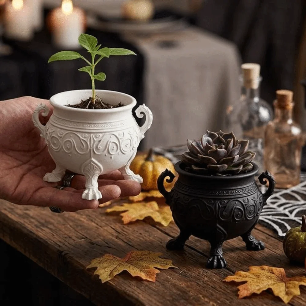 3D Printed Gothic Cauldron Planter Pot with Three Legged Dual Curved Handles Halloween Witch Cauldron Pot Dark Aesthetic Plastic