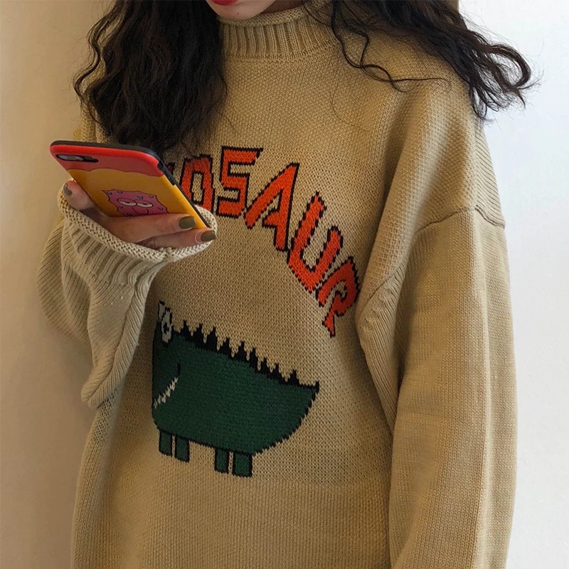 Women Dinosaur Sweater Fashion Vintage Letter Print O-neck Pullover Harajuku Winter Long Sleeve Loose Knitted Oversize Female