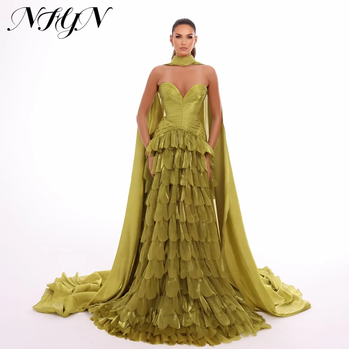 NFYN Olive Green Prom Dress Sweetheart Ruched Multi-Layer Evening Dress Glossy Shiny A-Line Floor Train Party Dress Customized