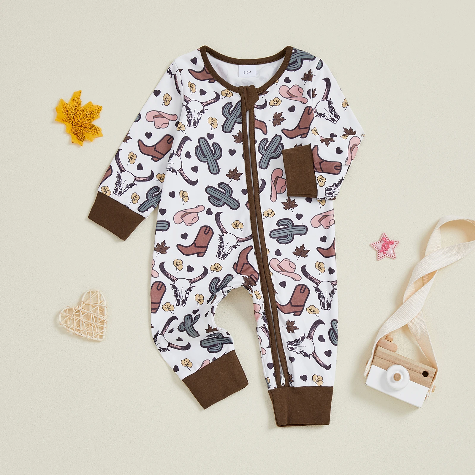 ملابس أطفال أولادي غربية مطبوع عليها حصان/صبار وأكمام طويلة ورقبة دائرية وسحاب كامل الطول بدلة خريف رومبير لحديثي الولادة