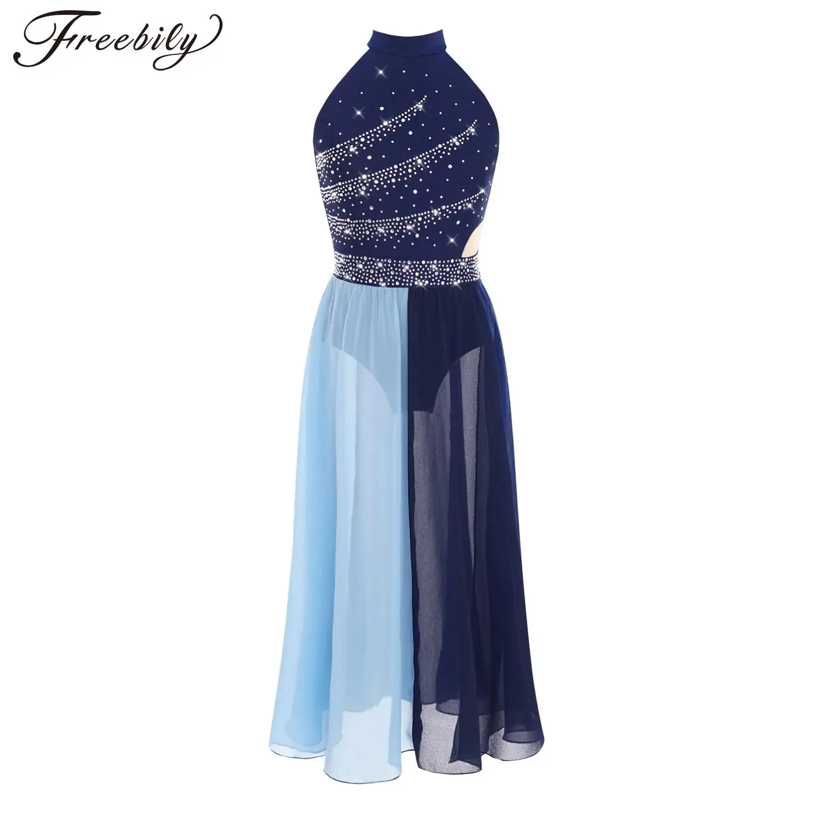 Kids Girls Lyrical Dance Dress Modern Contemporary Dance Costume Figure Skating Dress Rhinestone Mesh Hem Dress Build-in Brief
