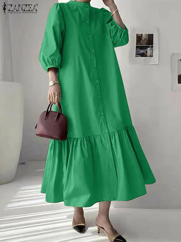 

ZANZEA Elegant Women 3/4 Sleeve Lantern Sleeve Work Midi Sundress Summer Dress 2025 Spring Ruffles Hem Party Vestidos Robe Femme