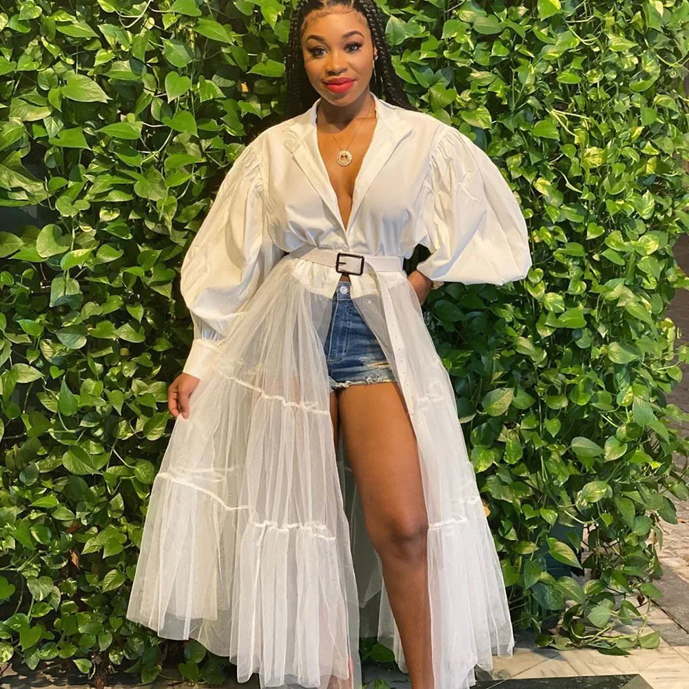メッシュパッチワークホワイトシャツドレス秋服女性用ボタンアップランタンスリーブロングドレスストリートウェアナイトクラブパーティードレス