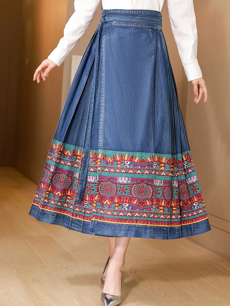 TIYIHAILEY Free Shipping 2024 New Fashion Long Maxi Denim Jeans Women Chinese Style Spring Autumn Elastic Print Pleated Skirts