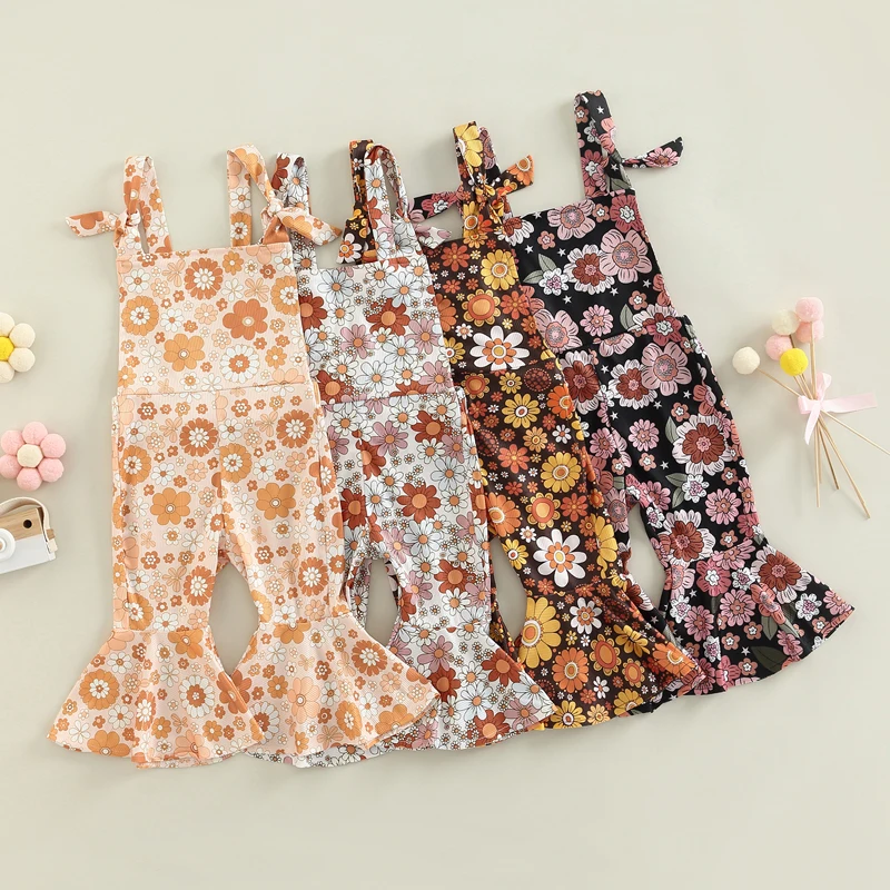 

Toddler Baby Girls Jumpsuit Summer Sleeveless Off Shoulder Flower Print Loose Casual Long Ruffle Romper Pans For 6M-4Y