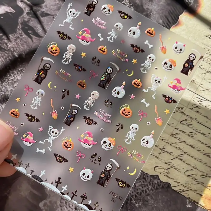 Glänzende Happy-Halloween-Nagelaufkleber, niedliche Skelett-, Geister-, Kürbis-, Fledermaus-, Gothic-Kreuz-, Stern-, Mond- und Schleifen-Aufkleber, Maniküre-DIY-Zubehör – Detail 2