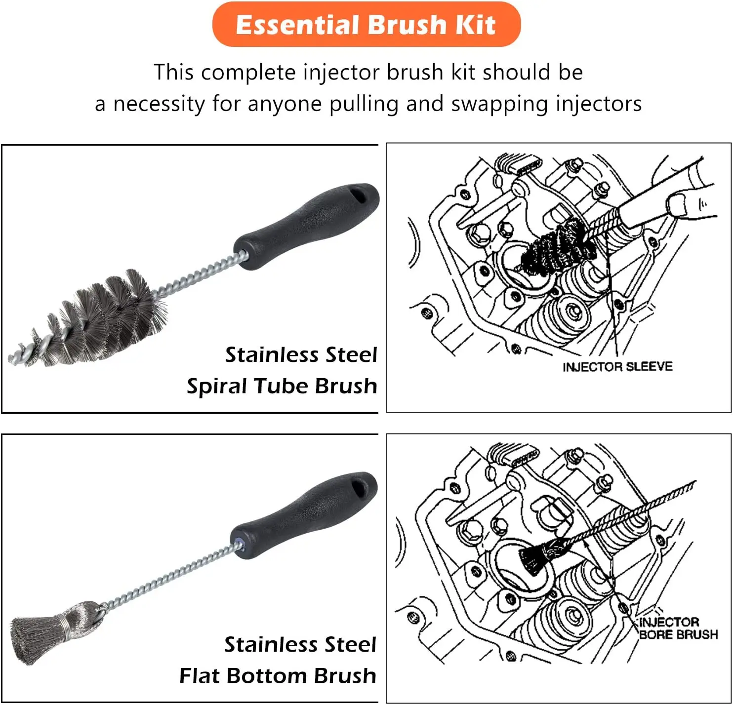 TM Injector Sleeve Cup/Seat/Bore Cleaning Brush+Remove/Install Tool Kits for All Ford 6.0L & 6.4L Engines 2003~2010 (5 PCS)