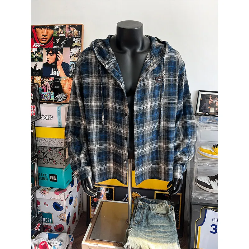 New Men\'s Hooded Plaid Shirt Loose Casual Long Sleeve Checked Overshirt Buttons Blouse Coat Male
