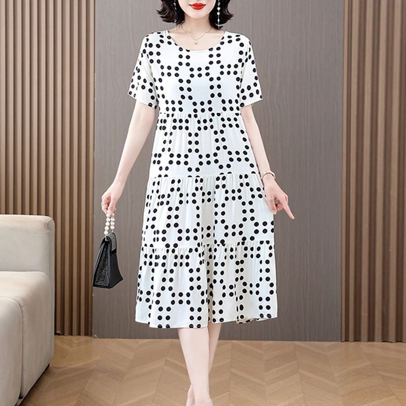 2023 New Style Women Plus Size Dress Vintage Casual O-Neck Elegent A-Line Robe Femme Short Sleeve Vestido Print Summer dresses