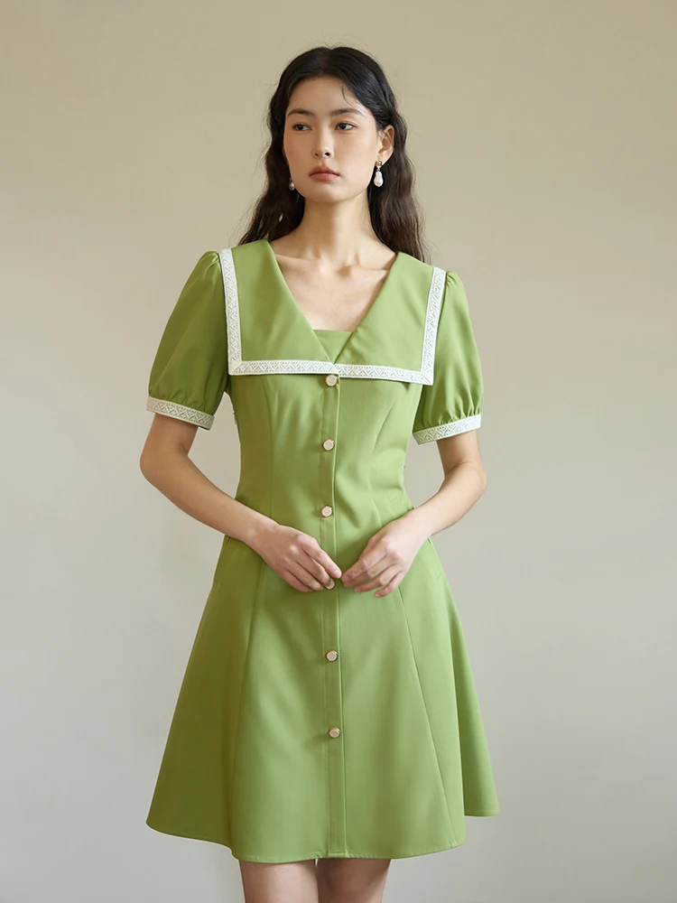 

DUSHU【2 Colors】Women Puff Sleeves Navy Collar Knee-Length Dress 2024 Summer New High Waist Green Zipper Dress 24DS82267