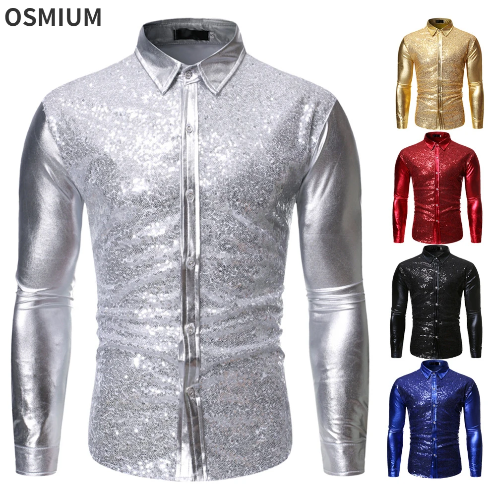 Men Sequined Shiny Red Blue Nightclub Wear Shirt EUR Size Boys Hot Stamped Silver Dance Wedding Party Full Dress Tuxedo Shirts