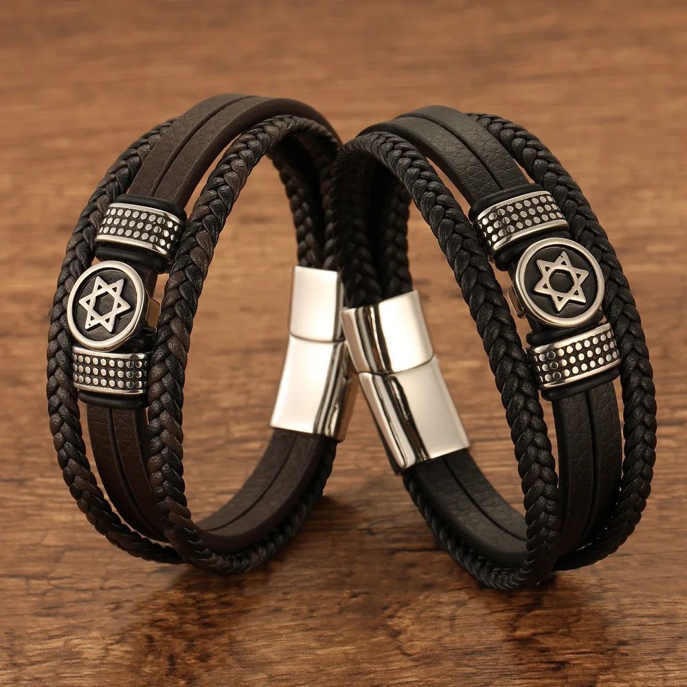 

Металлический кожаный браслет для мужчин, браслет из нержавеющей стали, многослойные плетеные веревочные браслеты для мужчин, ювелирные изделия, подарки