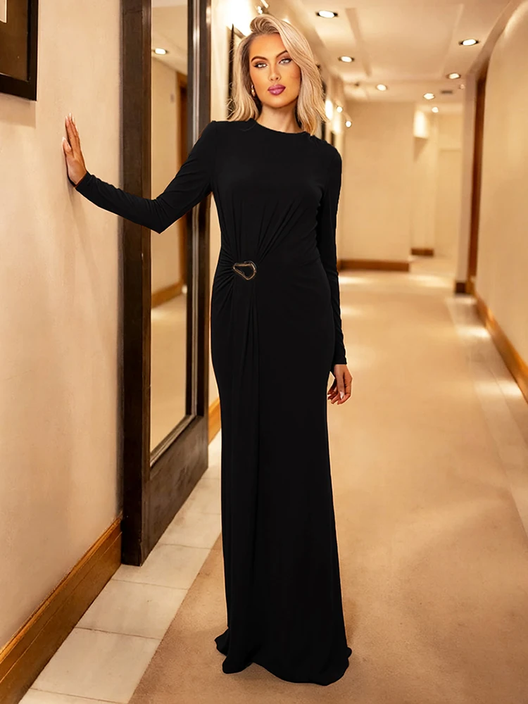 Kliou カジュアルエレガントドレス レディース 秋トレンド Oネック 長袖 メタルバックル装飾 ミッドナイトプロムパーティー ラッフルロング ボディコン