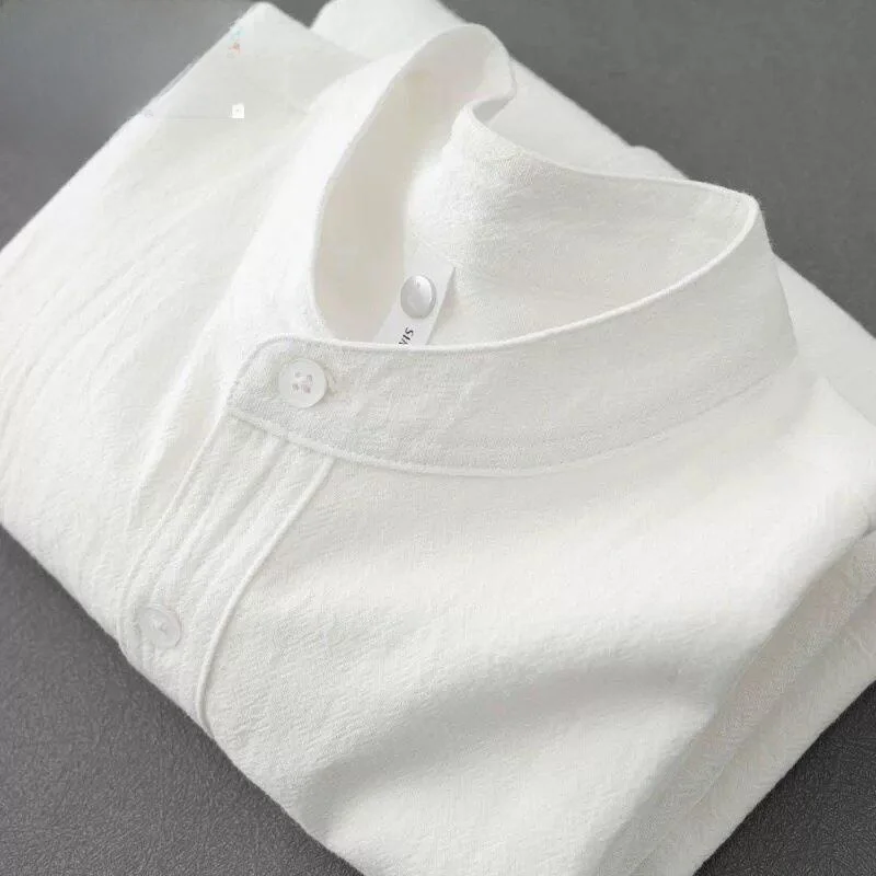 Japanese Style Men's Shirt Cotton Linen Short Sleeve Long Sleeve Stand Collar Henry Collar round Collar Five Sleeve T-Shirt T...