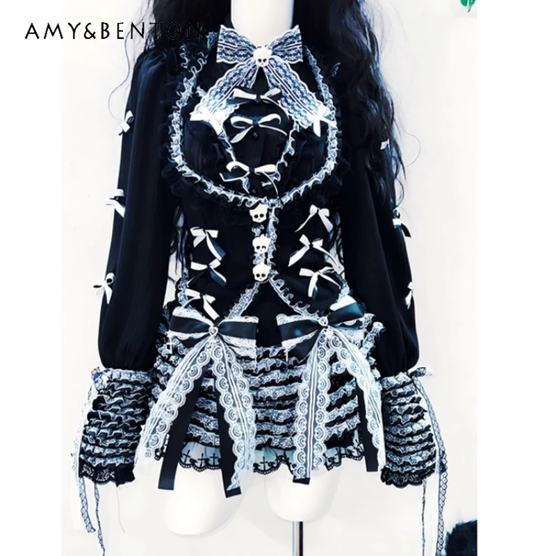 

Original Design Subculture Bow Women's Shirt Punk Dark Style Autumn New Sweet Cool Sexy Lace Hollow Out Mini Skirts Sets Ladies