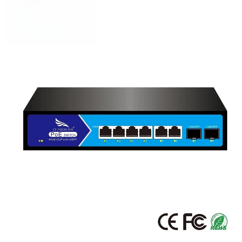

4+2+2 Gigabit 8-Port PoE Network Switch QoS SNMP Support IEEE802.3af/at 52V2.4A 125W Single Port 30W Max Power 16Gbps Capacity