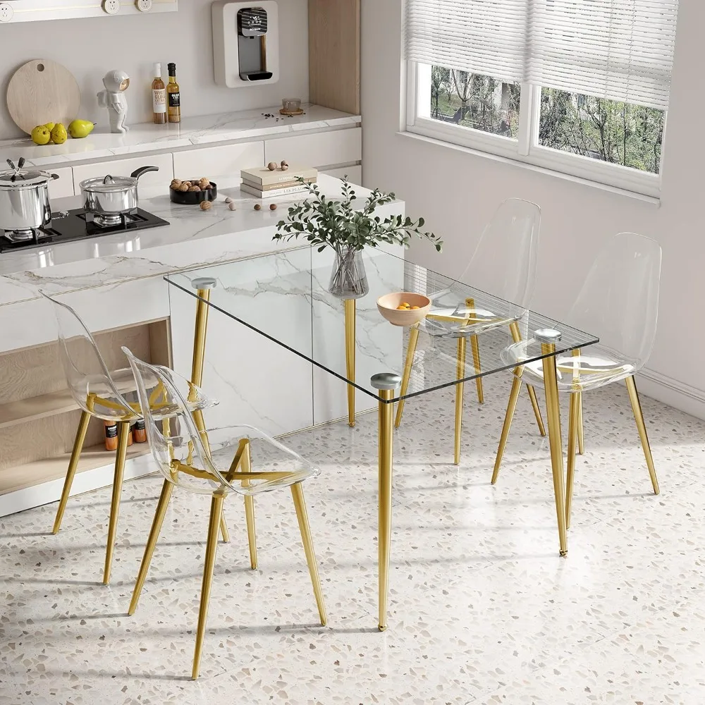 Glass Dining Table Set for 4, Table & Chair with Gold Plating Legs, Easy To Assemble, Kitchen Table Set, 51 Inch