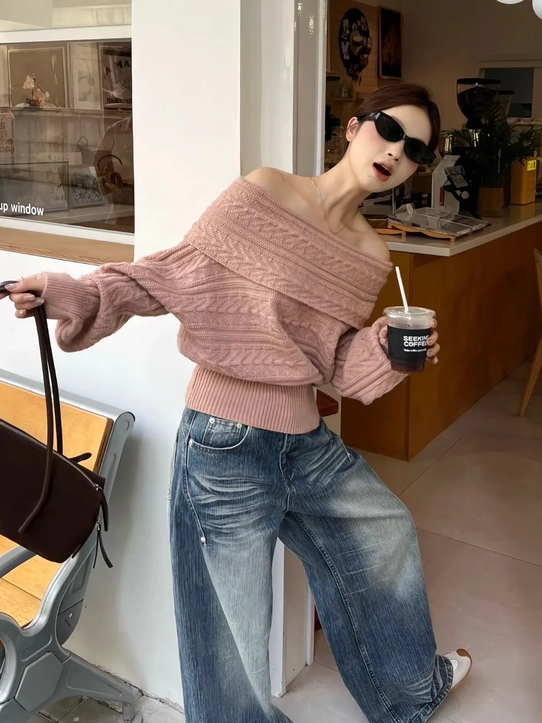 

Loose Knitted Pink Twist One-oulder Sweater Women's Autumn Winter Outerwear Lazy Sle Casual Long Sve Top